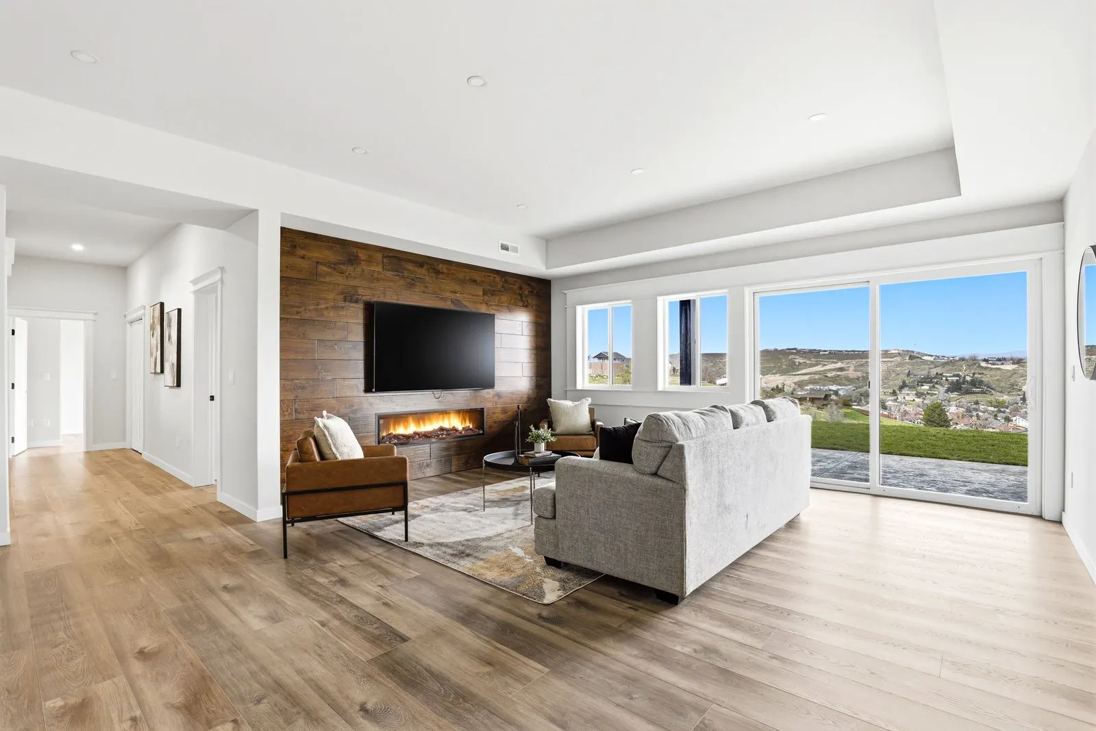Living room with smoked-wood accent wall
