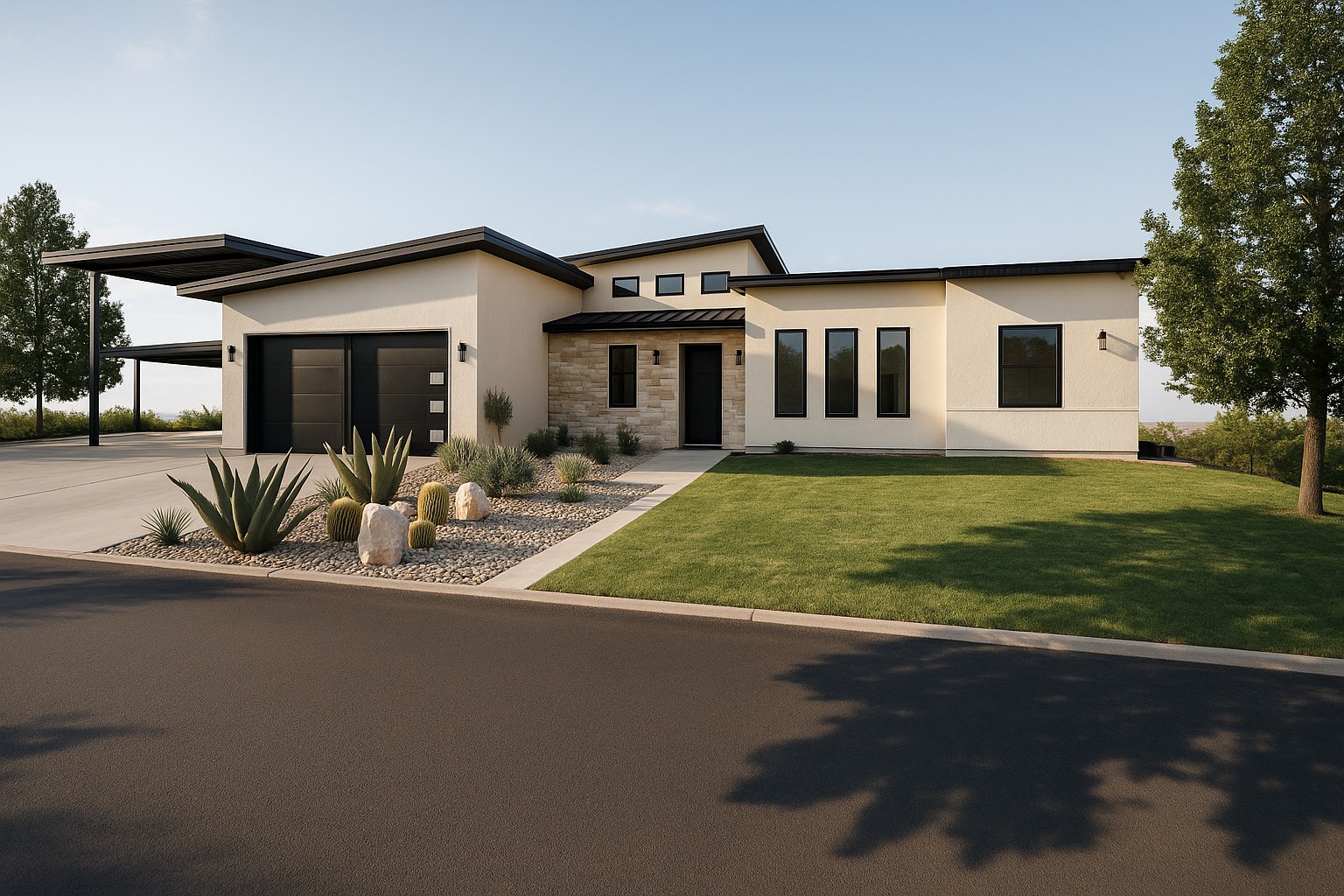 Modern home with main level and daylight basement, desert landscaping, and clerestory windows